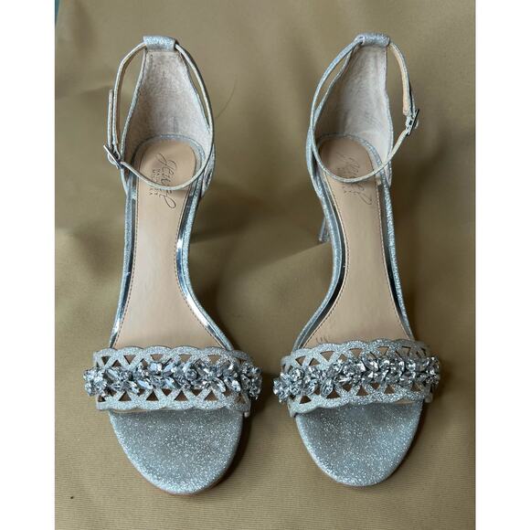 Jewel Badgley Mischka Kirsten Silver Glitter Laser Cut Heeled Sandal 9 New - Picture 6 of 13